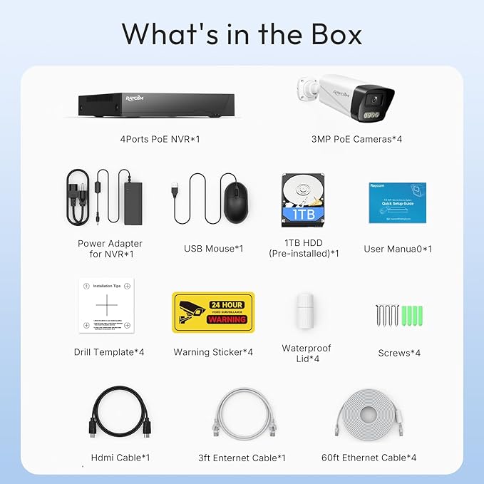 Rraycom Home Security Camera System,4pcs H.265 3MP Wired PoE IP Cameras Outdoor with Spotlight&Motion Detection,Two-Way Audio,Waterproof,4K NVR with 1TB HDD for 24-7 Recording,No Monthly Fee