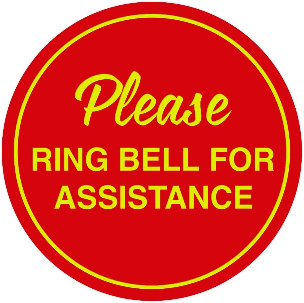 Signs ByLITA Circle Please Ring Bell For Assistance Wall or Door Sign | Easy Installation | Front Desk Reception Sign (Red/Yellow) - Large (5 Pack)