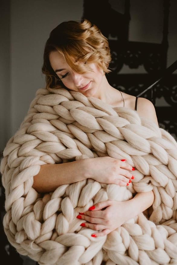 Knitted Throw Blanket for Sofa,Handmade Knit Chunky Blanket Throw Sofa Throw for Gift Sofa Bed,Chunky Knit Blanket(Camel 60"x60")