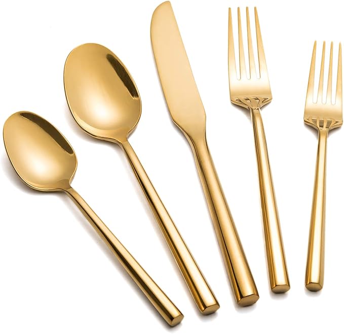 Silverware 45-Piece Gold Flatware Set with Serving Utensils Stainless Steel Thick Heavy Mirror Polished Cutlery Set for Wedding Hotel Restaurant, Service for 8