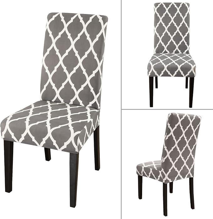 JQinHome Chair Covers for Dining Room 6 Pack, High Stretch Removable Washable Parsons Chair Slipcover for Home Party Hotel Wedding Ceremony (Grey White)