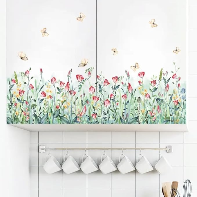 Set of 28x20 Inch Size Hello Spring Summer Window Cling Sticker Tulip, Flower and Butterfly Window Stickers, Spring and Summer Decor, Home, Shop, Party Window Glass Display Stickers (Floral)