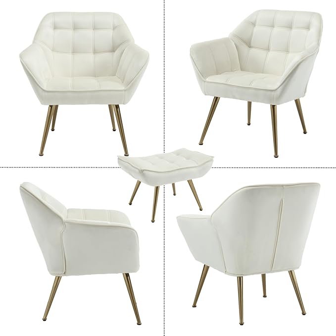 Modern Velvet Accent Chair with Ottoman, Upholstered Lounge Chair with Footrest, Comfy Living Room Chair with Gold Legs Accent Side Chair Armchair for Small Space Bedroom Apartment, Beige