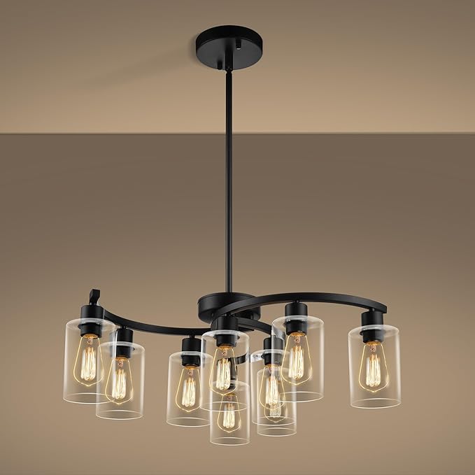 9-Light Black Modern Chandeliers for Dining Room, Adjustable Height Farmhouse Kitchen Island Lighting, Industrial Hanging Light Fixtures for Living Room Bedroom, Clear Glass Shade
