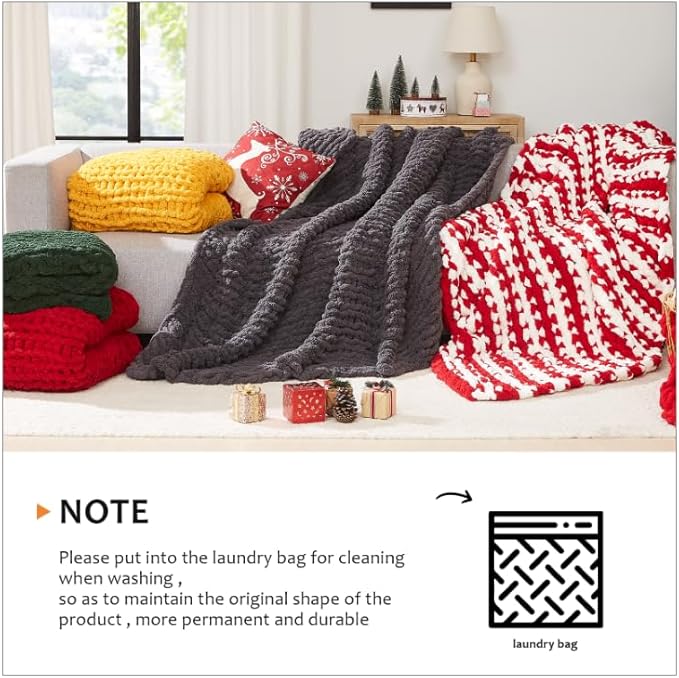 L'AGRATY Chunky Knit Blanket Throw: 50''x60'' Chenille Chunky Knitted Throw Blanket for Bed Couch - Handmade Thick Big Cable Knit Blanket - Large Crochet Rope Blanket for Home Decor(Lake Blue)