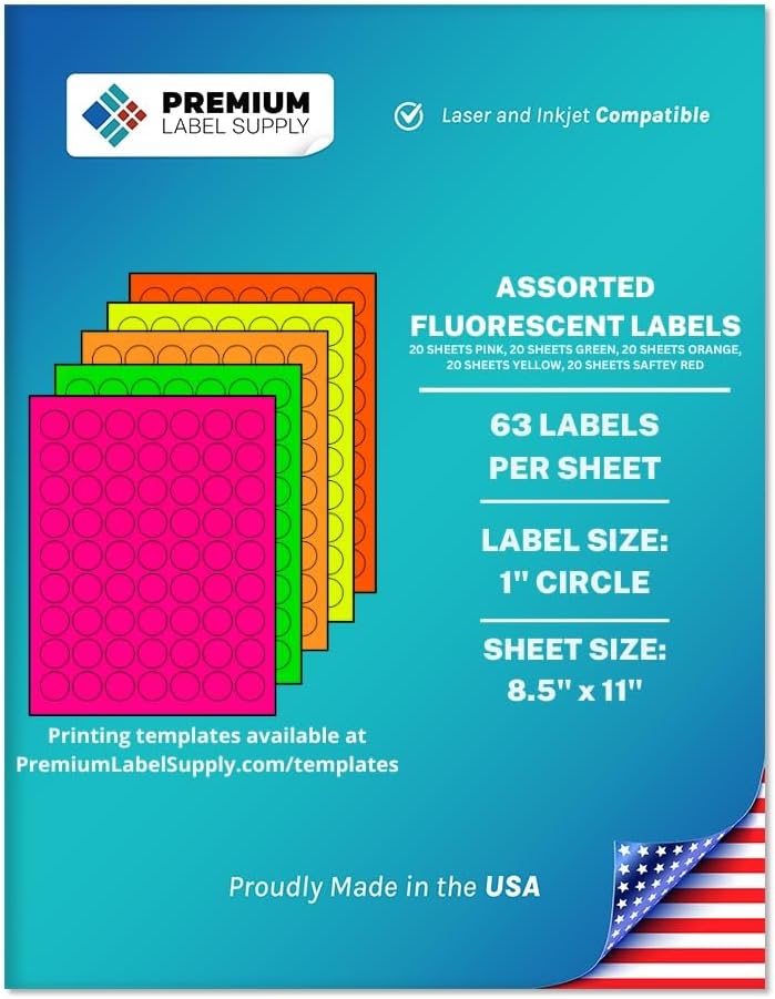 Premium Label Supply Bright Neon Color Fluorescent Sticker Labels - 1" Round Labels - (Assorted Fluorescent, 6,300 Labels)