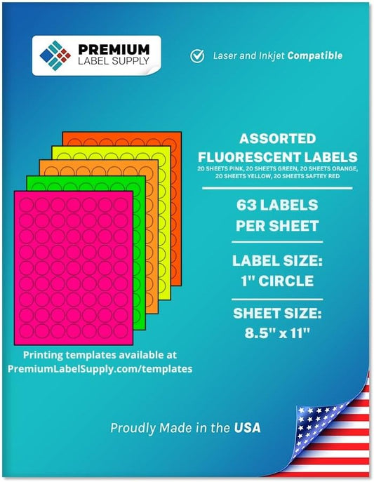 Premium Label Supply Bright Neon Color Fluorescent Sticker Labels - 1" Round Labels - (Assorted Fluorescent, 6,300 Labels)