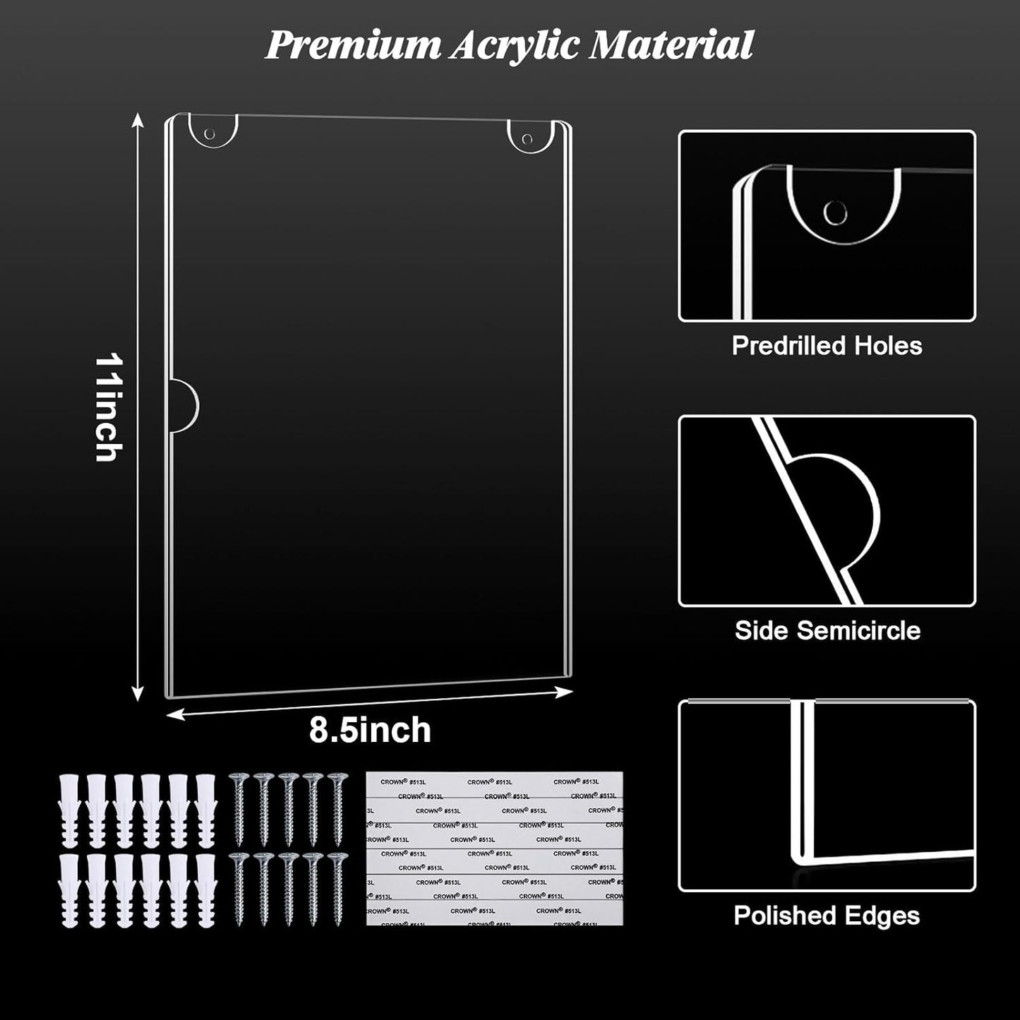 6pack Acrylic Wall Sign Holder with Serews&Tape,8.5 X 11 Wall Mount Clear Plastic Sign Holder,Memo Document Menu Holder for Restaurant, Office, School, Store and Home Use,Support No Drilling