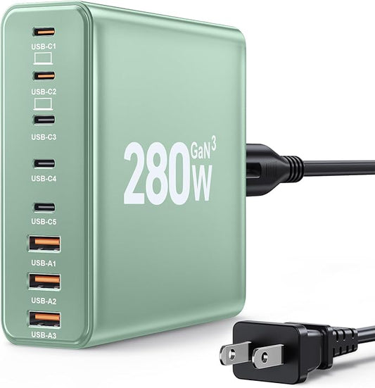 280W USB C Charger Block, 8-Port USB C Charging Station GaN III PD 65W Laptop Charger Adapter Compatible with MacBookPro/Air,DELL,iPad,Portable Charging Station for iPhone,Samsung Galaxy(Green)