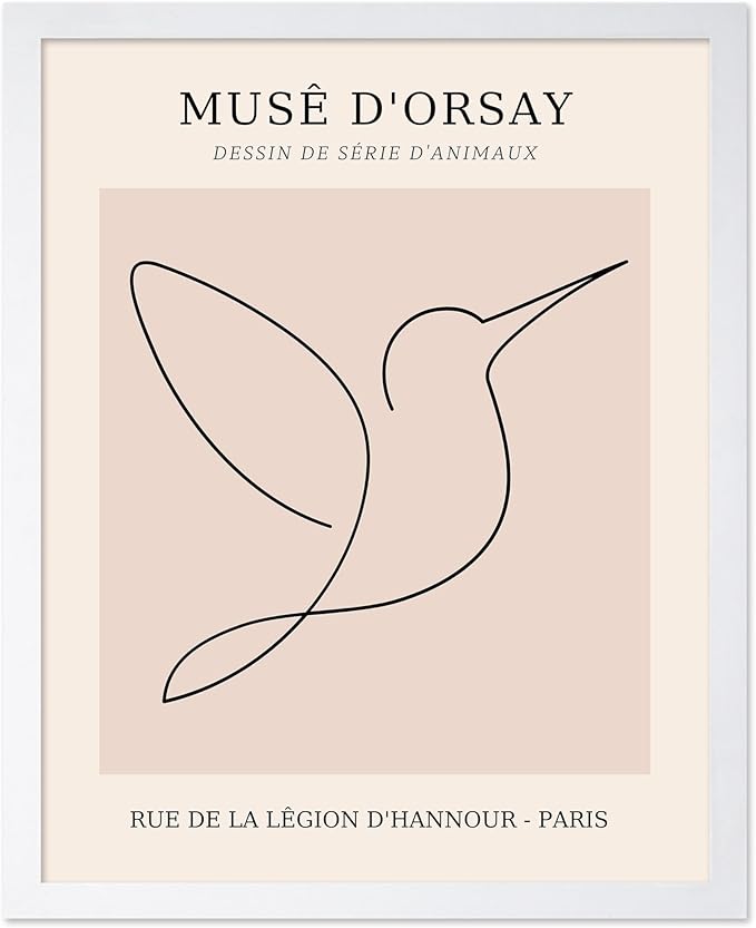 Poster Master Vintage Poster - Retro One Line Hummingbird Drawing Print - Bird Line Art - Minimal Gift for Him, Her, Animal Lover - Abstract Decor for Home, Office, 8x10 White Framed