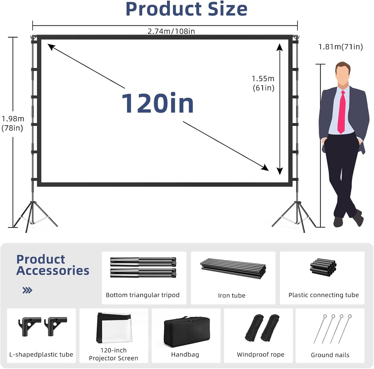 Projector Screen Outdoor, Projector Screen with Stand Portable 120" Foldable Projection Screen, KHQ 10 Feet Indoor Home Theater Movie-Screen with Carrying Bag for Backyard Movie Night