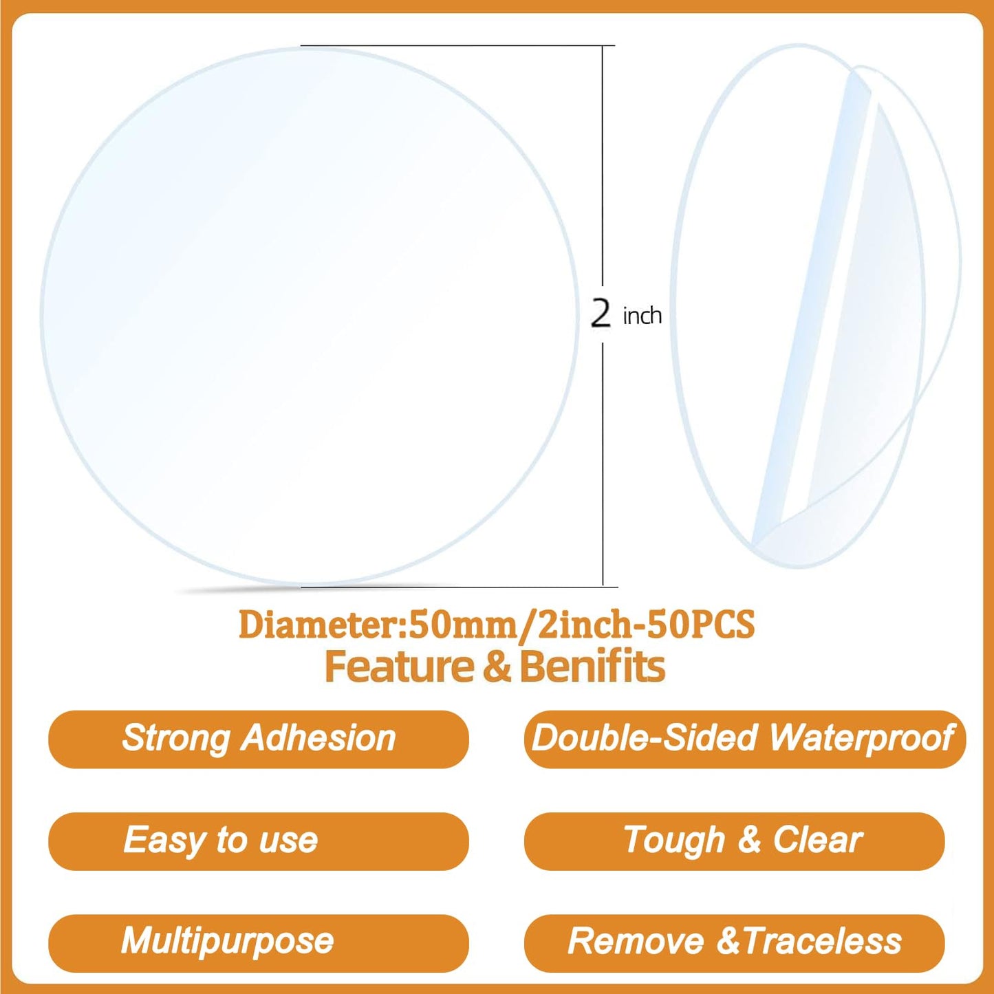 50PCS Heavy Duty Double Sided Adhesive Mounting Circle Tape- Waterproof,Strong Adhesion,Clear, High Strength,No Residue Removability for Hanging,Wall Mounting, Home Decor,Adhesive for Shower