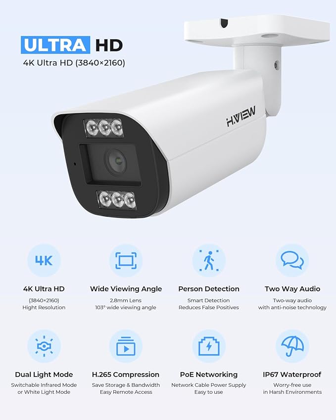 H.VIEW 4K 8MP 8CH POE NVR Security Camera System (16CH Expandable), 4 x 8MP PoE IP Bullet Cameras Outdoor Indoor, AI Human/Person/Face Detection, Two-Way Audio, 100ft IR Night Vision, 3TB HDD
