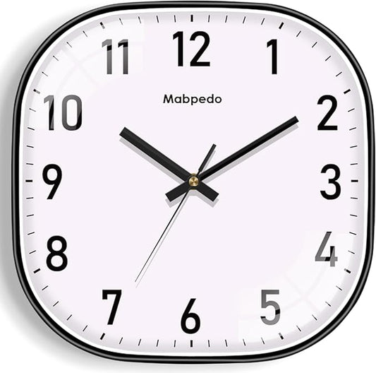10 Inch Wall Clock, Silent Non Ticking Wall Clocks Battery Operated, Square Analog Decorative Wall Clocks for Bedroom Living Room Office Home Gym Porch Decor Indoor Outdoor Clock, Black