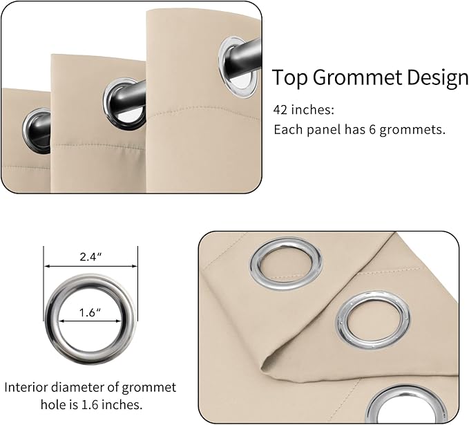 Easy-Going Blackout Curtains for Bedroom, Solid Thermal Insulated Grommet and Noise Reduction Window Drapes, Room Darkening Curtains for Living Room, 2 Panels (42x45 in, Beige)