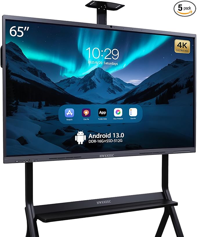 Smart Board 65 Inch Interactive Whiteboard, 4K UHD Touch Screen Digital Board with 20MP Camera, Built-in Android OS for Conference, Office, Teaching - Mount Included