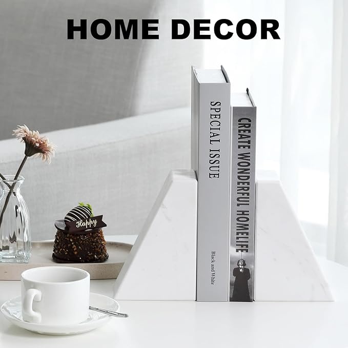 Marble Bookends for Heavy Books, Decorative Book Ends for Shelves, White Stone Durable and Heavy-Duty Book Ends for Hardback Books & CDS, Unique Book Stopper & Holder, Set of 2
