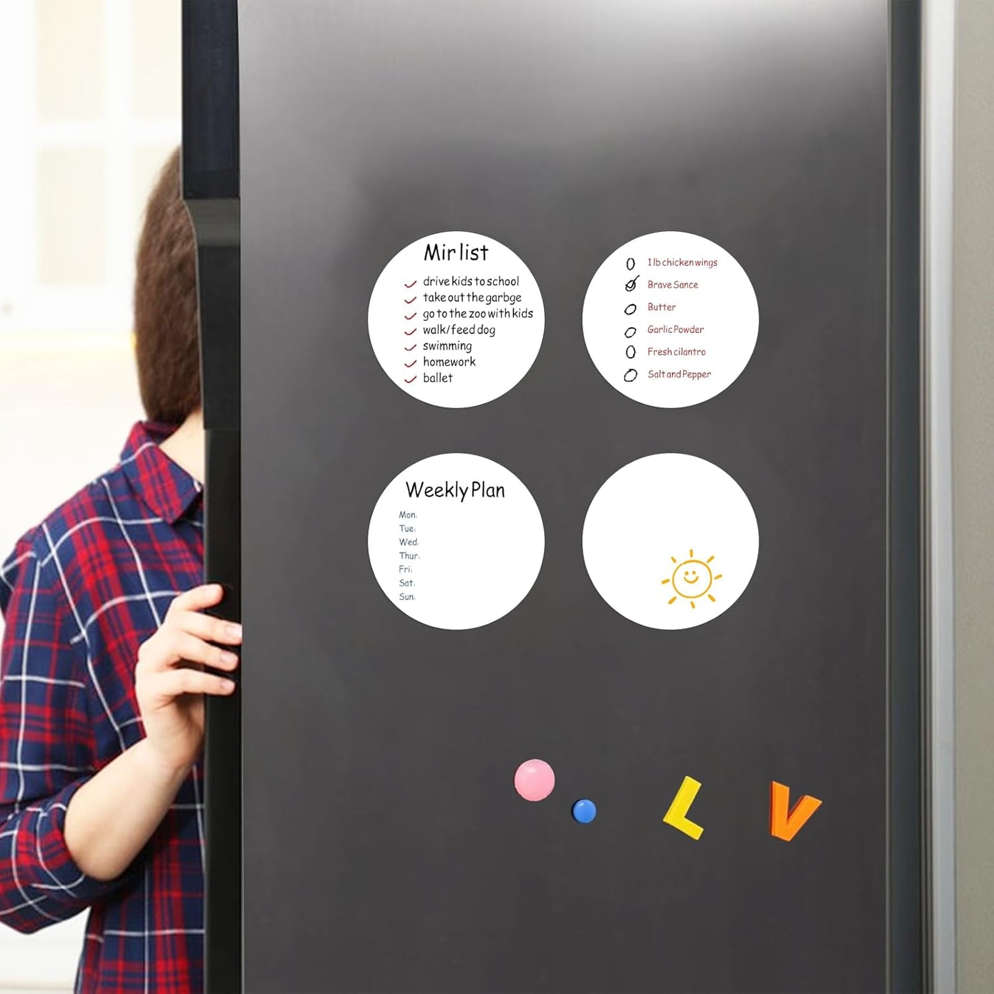 SVNOOC Multi-Use Dry Erase Labels Sticky Notes Reusable Stickers for Wall Desk Fridge Classroom Office Home and More, Message Board with 2 Markers (5" in Circle White), 12 Pack