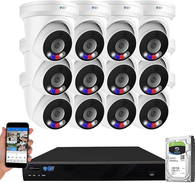 GW Security 32 Channel NVR UltraHD 12MP (4000x3000) Face/Human/Cars Detection PoE Security Camera System with 12 x 6K 12MP Full Color Night Vision Waterproof 2-Way Audio Dome Cameras