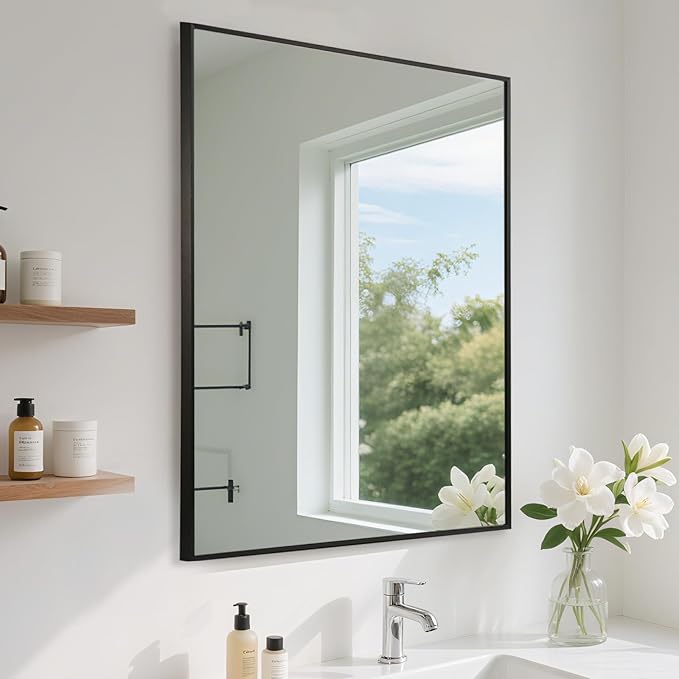 FARMER 16x24 Inch Black Bathroom Mirror, Rectangle Wall Mounted Mirror, Vanity Mirror, Brushed Square Mirror, Framed Bathroom Mirror for Bedrooms, Entryways, Living Rooms, Horizontal/Vertical