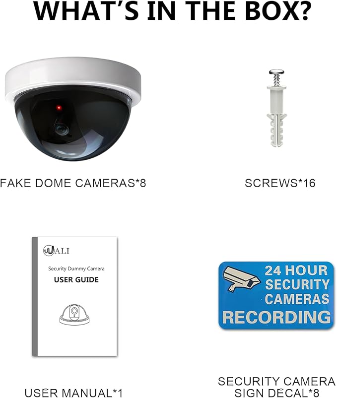 WALI Dummy Fake Security CCTV Dome Camera with Flashing Red LED Light with Security Alert Sticker Decals (SDW-8), 8 Packs, White