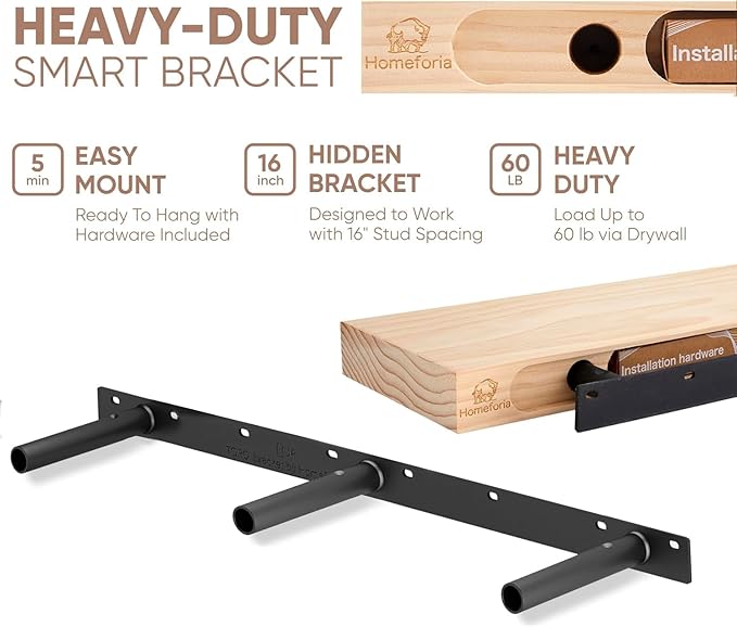 Homeforia 42 inch Wood Floating Shelf, High End Solid Natural Wood 42inch Large Floating Shelves for Wall Mounted, Unfinished Wooden Floating Shelves, Heavy Duty Bracket, 42 X 6.5 X 1.75 in, Set of 2