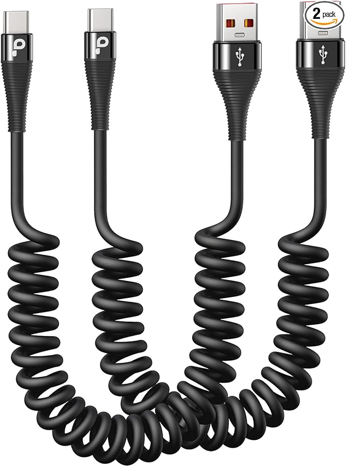 PRAKIE USB C Cable Fast Charging 5FT, Coiled USB A to USB C Cable for Car, Type C Charge Cord USB-C Charging Cable Compatible with iPhone 17/16/15/Samsung Galaxy S20 and More USB C Devices-Black 2Pack