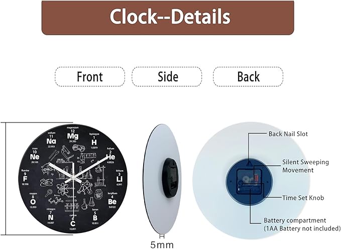 XNM Black Chemical Clock for Classroom Glass Analog Small Science Wall Clocks Battery Operated 12 Inch Round Silent Wall Clock Modern