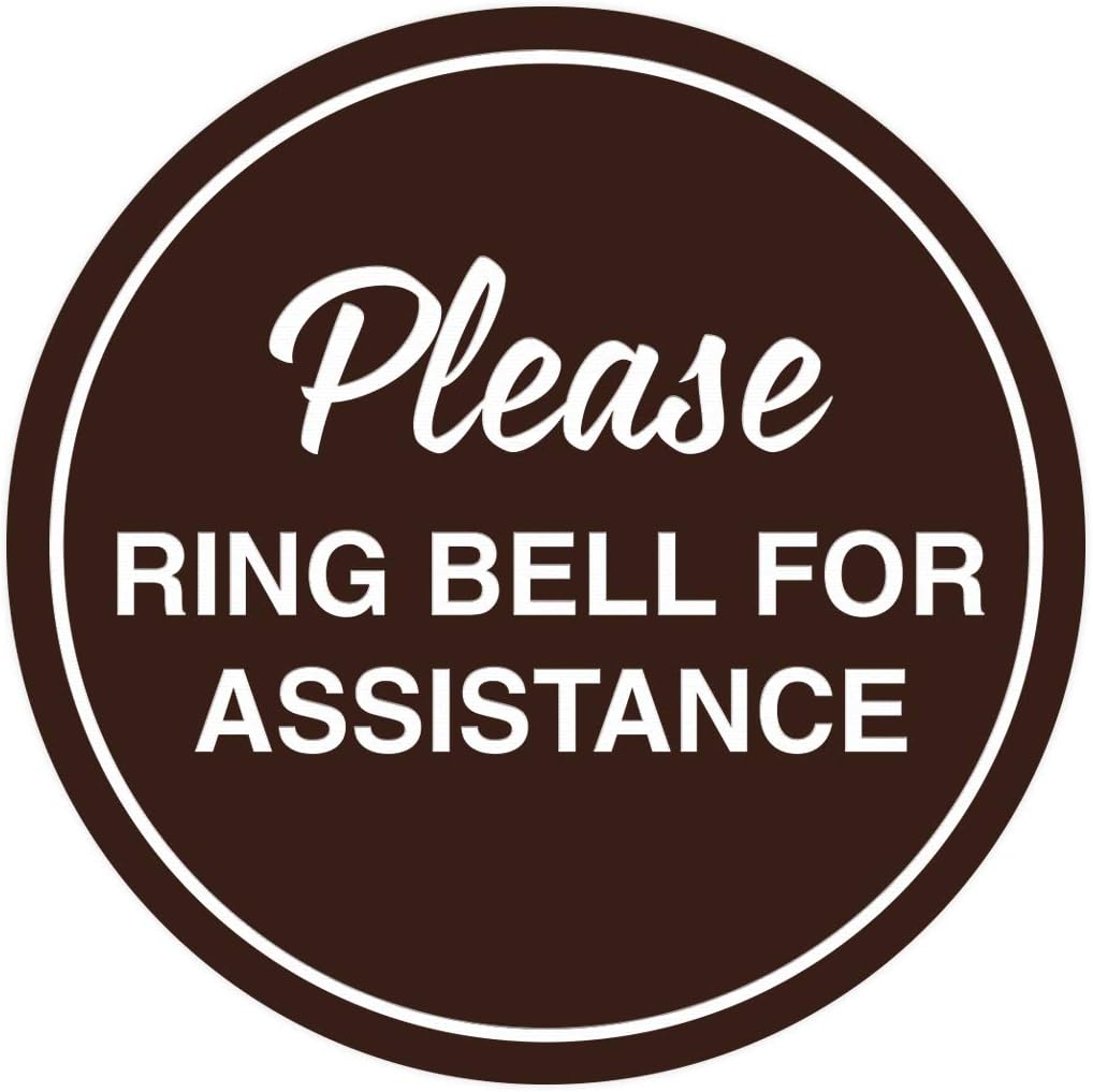 Signs ByLITA Circle Please Ring Bell For Assistance Wall or Door Sign | Easy Installation | Front Desk Reception Sign (Dark Brown) - X-large (5 Pack)