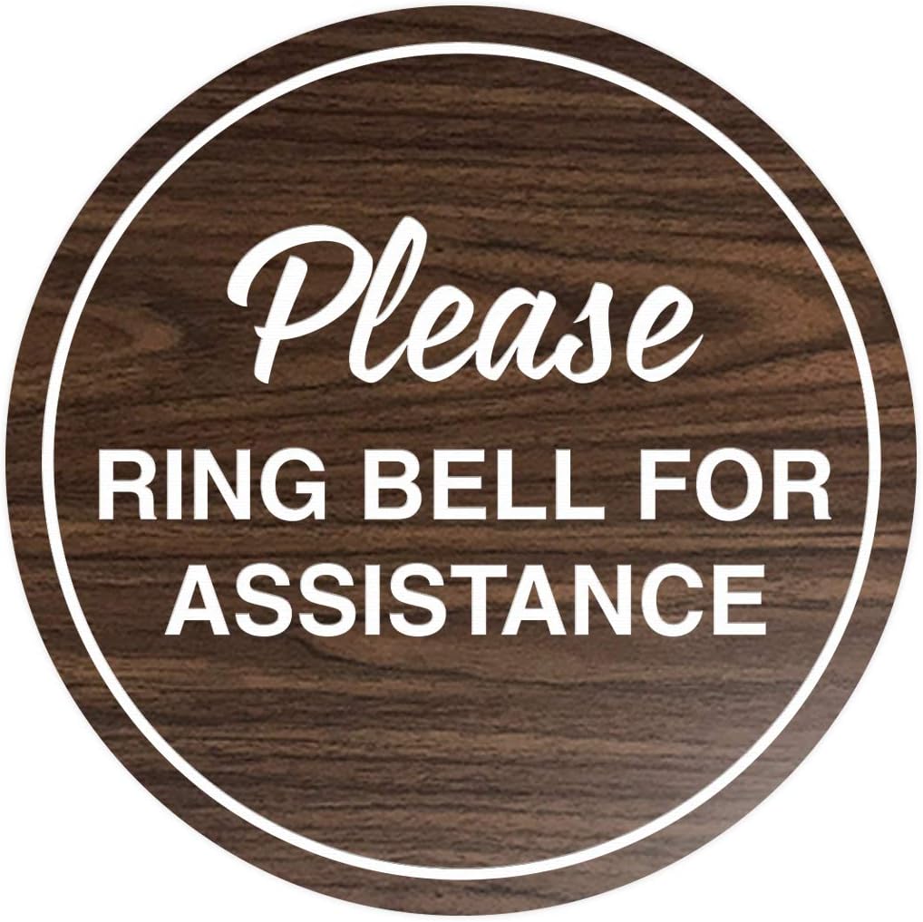 Signs ByLITA Circle Please Ring Bell For Assistance Wall or Door Sign | Easy Installation | Front Desk Reception Sign (Walnut) - Small (1 Pack)