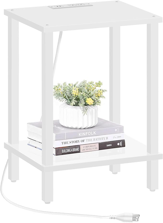 TUTOTAK End Table with Charging Station, Small Side Table with Outlets, Nightstand Bedside Table, 2-Tier Storage Shelf for Small Space, Living Room, Bedroom, White TB01BW040