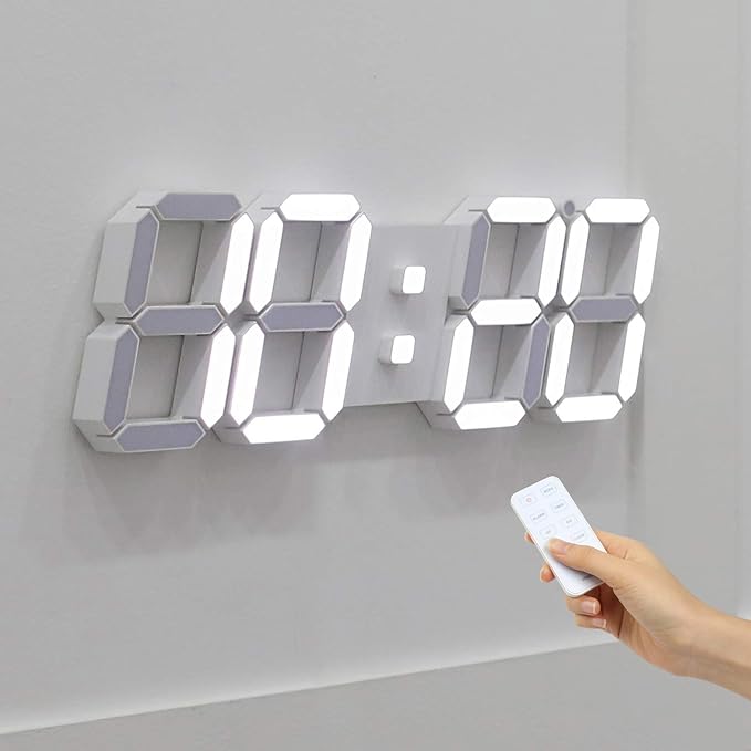 mooas 3D LED Clock, Multi-Function LED Clock (Calendar, Alarm, Temperature) (15.3" Big Plus White Wall Clock with Remote Control)