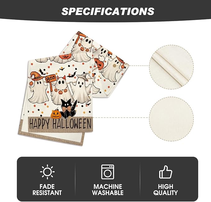 Artoid Mode Beige Ghost Jack-O'-Lantern Black Cat Halloween Table Runner,Holiday Kitchen Dining Table Decoration for Home Party Decor 13 x 48 Inch