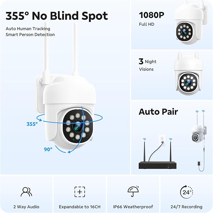 Wireless Security Camera System, CAMCAMP 24/7 Recording Security Cameras Wireless Outdoor 16CH NVR PTZ 2.4G& 5G WiFi 4K Smarting Night Vision Auto Human Tracking CCTV Surveillance Kit(8)