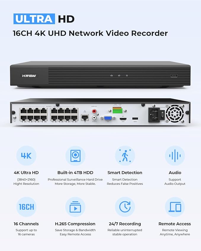 H.VIEW 16 Channel NVR PoE Security Camera System Wired, 8MP 4K 16CH Commercial NVR 4TB, Smart AI Color Night, 16x 8MP Outdoor Audio IP Cameras, 16x Network Cables, CCTV for Businesses Home