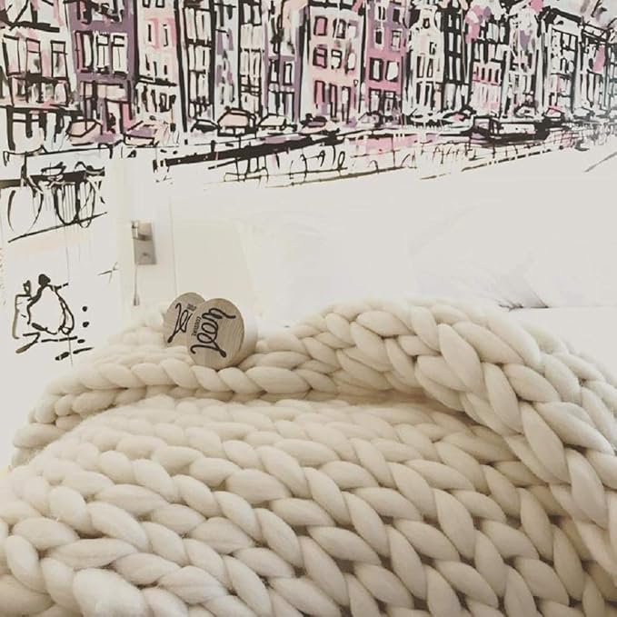 Chunky Knit Blanket Hand Made Merino Wool Throw Boho Bedroom Sofa Home Decor Giant Yarn(Ivory White 40"x47")