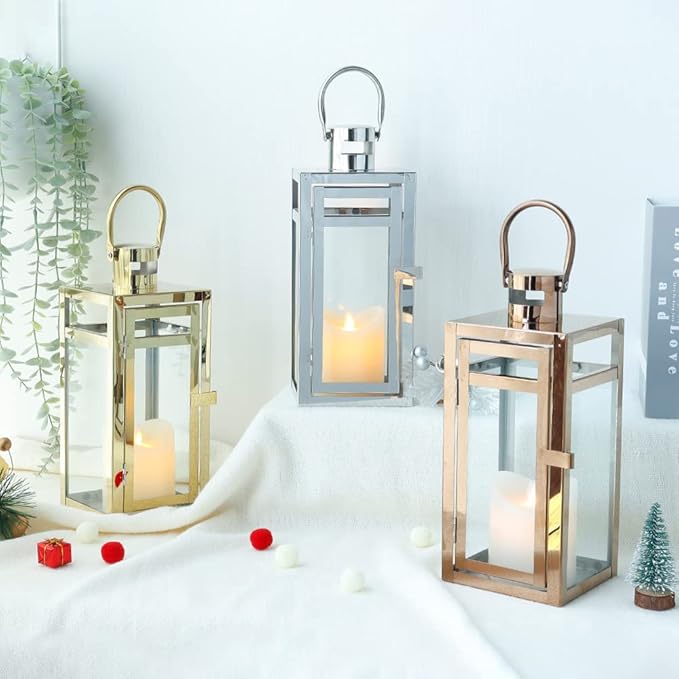 TRIROCKS Stainless Steel Decorative Lantern 12'' High Metal Candle Holder with Clear Glass Panels Perfect for Home Decor Living Room Parties Events Tabletop Indoors Outdoors (Rose Gold)