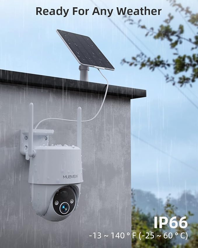 MUBVIEW Solar Security Cameras Wireless Outdoor, 2K 360° PTZ Battery Powered Outdoor Camera, 2.4Ghz WiFi Home Security Camera, Color Night Vision, Motion Detection, 2-Way Audio, Local/Cloud Storage
