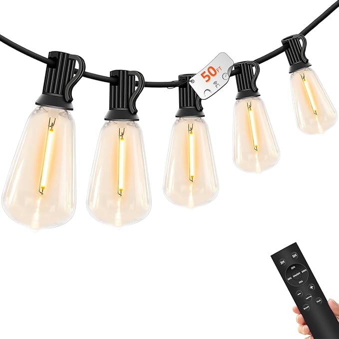 50 FT Outdoor String Lights - LED Waterproof Patio Lights with Dimmer Remote - Edison Bulbs for Porch, Backyard & Cafe/Bistro
