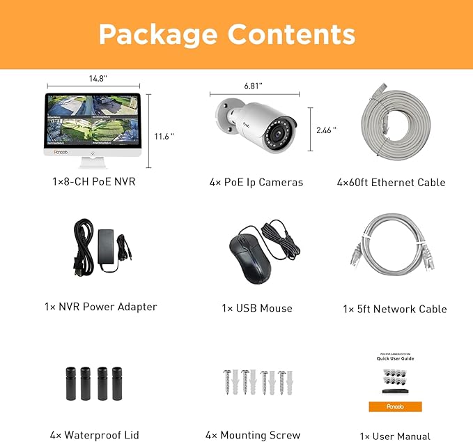 Wired Security Camera System with Monitor Screen for Home, 8CH 8MP NVR with 2TB HDD, 4X Bullet Wired 5MP PoE IP Camera IP67 with Mic, Smart Human Detection, IR Night Vision, PB37FM04-5M
