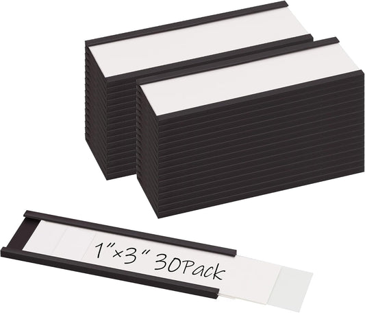 Realth C Channel Magnetic Label Holders 30 Pack 1'' x 3'' with Paper Inserts and Clear Plastic Protectors, Magnetic Data Card Holders File Cabinet Labels for Metal Racks and Shelves