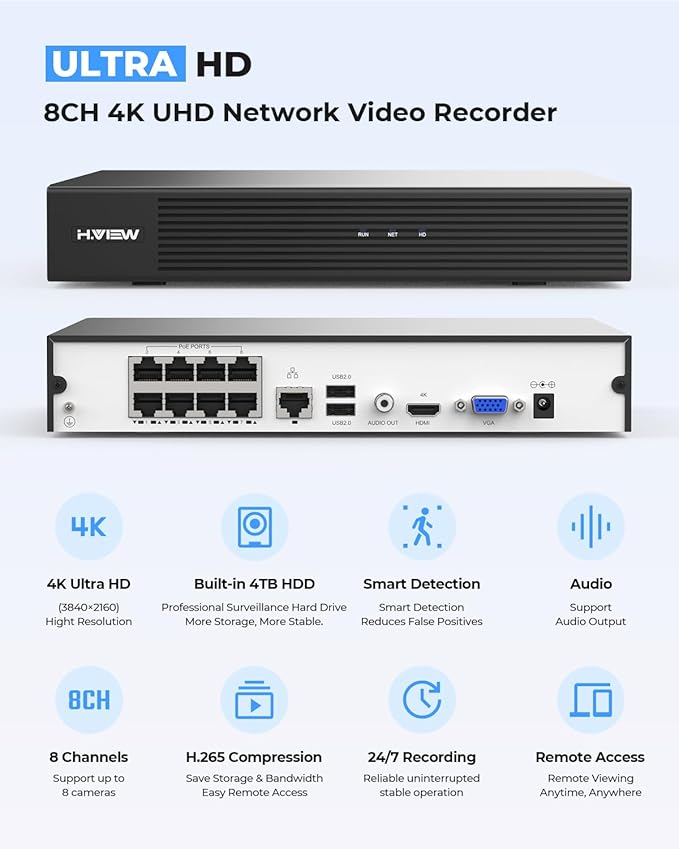 H.VIEW 8 Channels 4K Home Security Camera System, 4TB HDD Preinstalled, 8 PCS Outdoor 8MP POE Security Camera, Trigger Color Night Vision, Two-Way Audio, Human Body Detection, Smart Dual Illumination