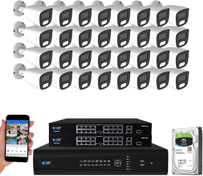 GW Security 32 Channel 12MP NVR 4K Security Camera System with 32 x 8MP PoE Spotlight Color Night Vision Outdoor/Indoor Microphone Bullet Cameras, Smart AI Human/Vehicle Detection