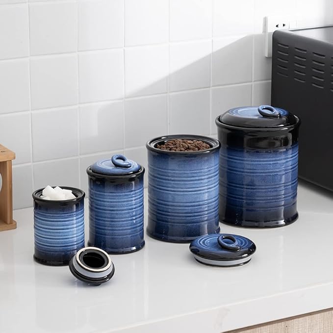Nihow Food Storage Jar Sets: Ceramic Container with Air Tight Lid for Flour/Sugar/Rice/Coffee/Cookies/Candy - Seal Damp-proof Canister for The Kitchen Counter - Set of 4 （Blue & Black）