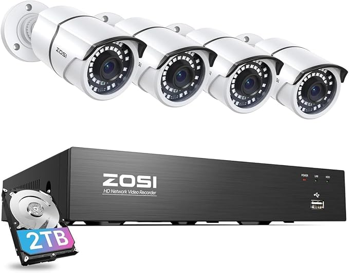 ZOSI 8CH 4K PoE Home Security Camera System, 8 Ports 16CH 8MP NVR with 2TB HDD, 4pcs 5MP Outdoor PoE Cameras, 120ft Night Vision