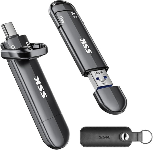 SSK USB Flash Drive 2TB SSD External, TLC NAND Solid State Drive Dual USBC & USBA Ports, Up to 1000MB/s High-Speed Portable 1TB USB Thumb Drive Stick for iPhone 15/16/17 Pro, Mac, Android, PC Backup