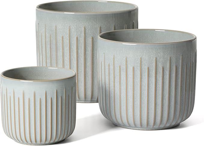 LE TAUCI Fluted Ceramic Planters Set of 3 – 8.3/7 / 5.7 in Star White Reactive Cylinder Indoor Plant Pots with Drainage Plug & Mesh, Glossy Stoneware Flower Pots for Succulents Herbs