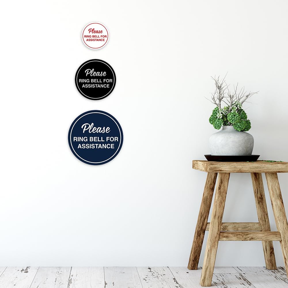 Signs ByLITA Circle Please Ring Bell For Assistance Wall or Door Sign | Easy Installation | Front Desk Reception Sign (Navy Blue/Gold) - Small (2 Pack)