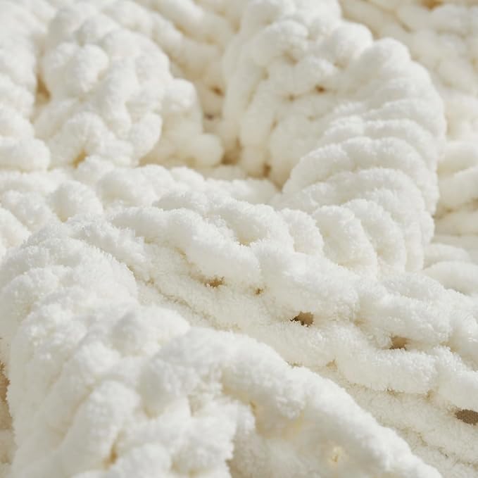 Amélie Home Chunky Knit Throw Blanket for Couch, Soft Chenille Crochet Blanket for Children, 40"x50", Ivory