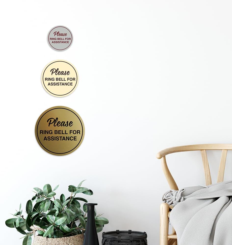 Signs ByLITA Circle Please Ring Bell For Assistance Wall or Door Sign | Easy Installation | Front Desk Reception Sign (White/Red) - Small (5 Pack)